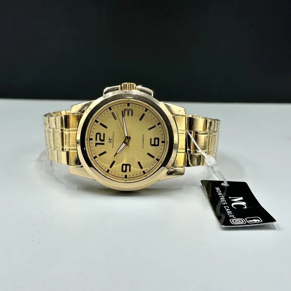 Montres Carlo Watch Men Gold Tone Round 43MM Case New Battery 8.75
